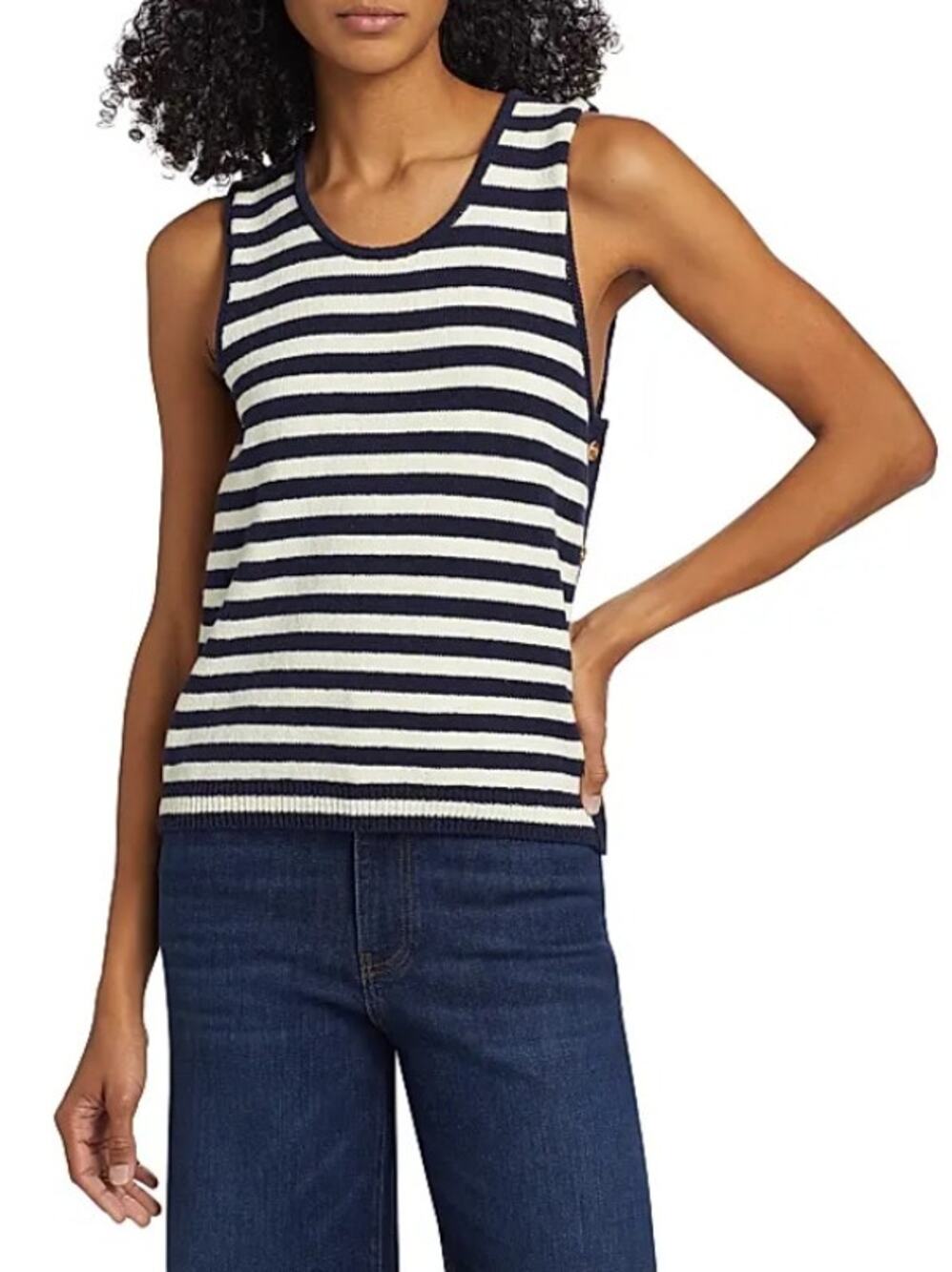 Frame Women Navy Nautical Striped Cotton Knit Mariner Sweater Tank Top Size S